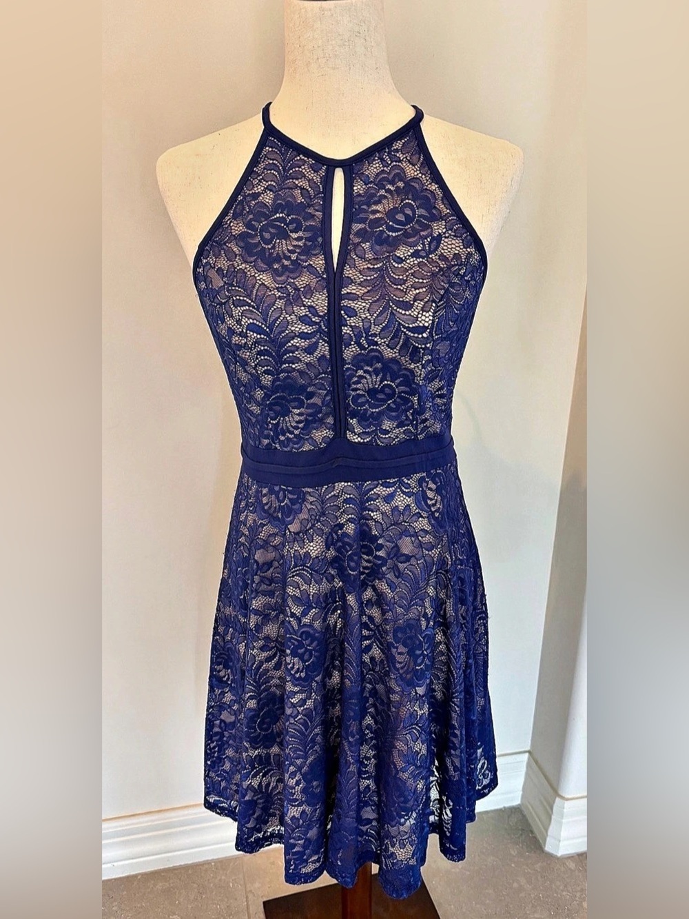Kate Kasin Navy Blue Lace Fit & Flare Cocktail Dress M